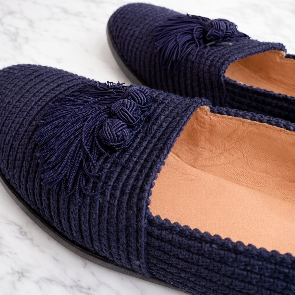 STUART WEITZMAN Tassel Loafers Textured Raffia Slip On Flats Navy - Picture 2 of 7